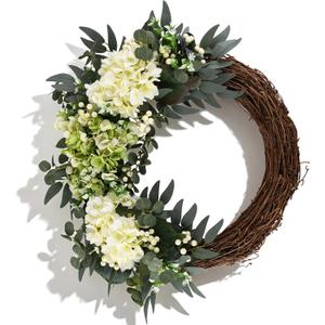 Spring Flower Wreath for Front Door, 20 Inch Hydrangea Door Wreath with White Berries, Summer Eucalyptus Wreaths for Front Door Outside All Season, Farmhouse, Indoor Outdoor Wall Decor