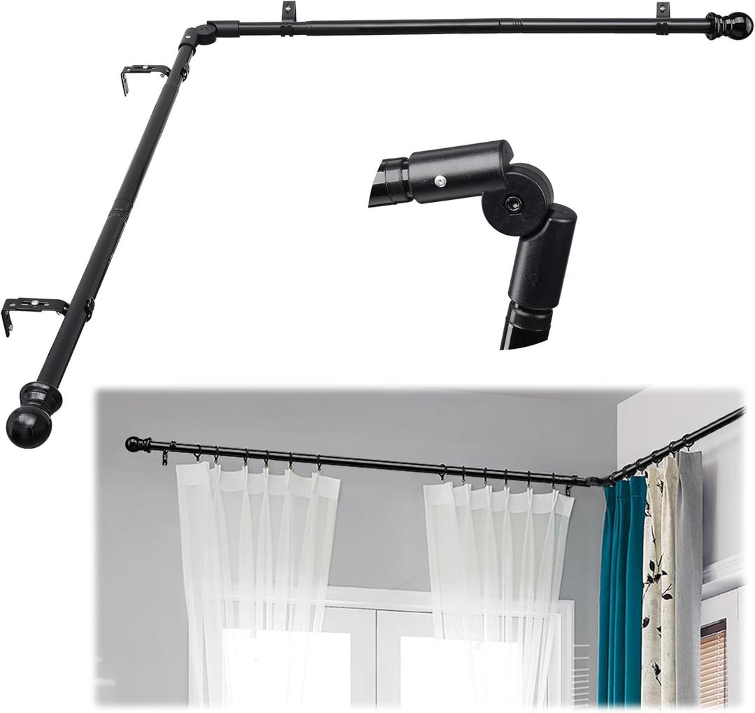 Corner Curtain Rod for Windows 30 to 136 Inches, L-shaped Curved Heavy Duty Corner Window Curtain Rods, Adjustable Renter Friendly 1 Inch Black Drapery Rods for Bedroom Living Room