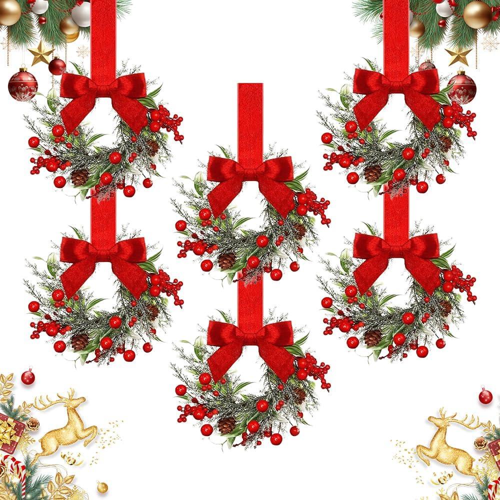 Small Christmas Wreath, 4/6 Pcs 6" Mini Christmas Wreaths for Cabinets, Small Cabinet Mini Wreaths for Xmas Front Door Window Chair Fireplace Table (6 Pc)