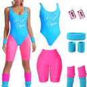 MIAIULIA Womens 80s Workout Costume Outfit 80s Accessories Set Leotard Neon Legging Headband Wristbands Set (Large, Lets Get Physical Short Blue)