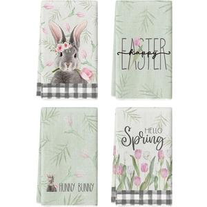 Artoid Mode Buffalo Plaid Rabbit Bunny Flower Easter Kitchen Towels Dish Towels, 18x26 Inch Spring Farmhouse Holiday Decoration Hand Towels Set of 4