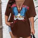 SOLY HUX Women's Plus Size Letter Graphic Tees Cut Out Deep V Neck Half Sleeve T Shirts Tops (Brown, XL)