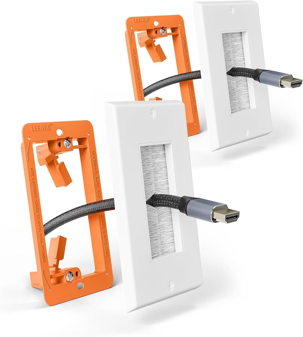 Brush Wall Plate with Mounting Bracket, Cable Pass Through Decorator Cover for Low Voltage Wires, Single Gang Cord Hider for TV Home Theater System, White, 2 Pack (White and Orange)