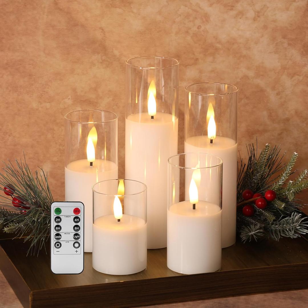Clear Glass Flameless Candles with Remote Batteries, Flickering Slim LED Pillar Candles Set of 5 Clear Glass Flameless Candles with Remote Batteries, Flickering Slim LED Pillar Candles Set of 5