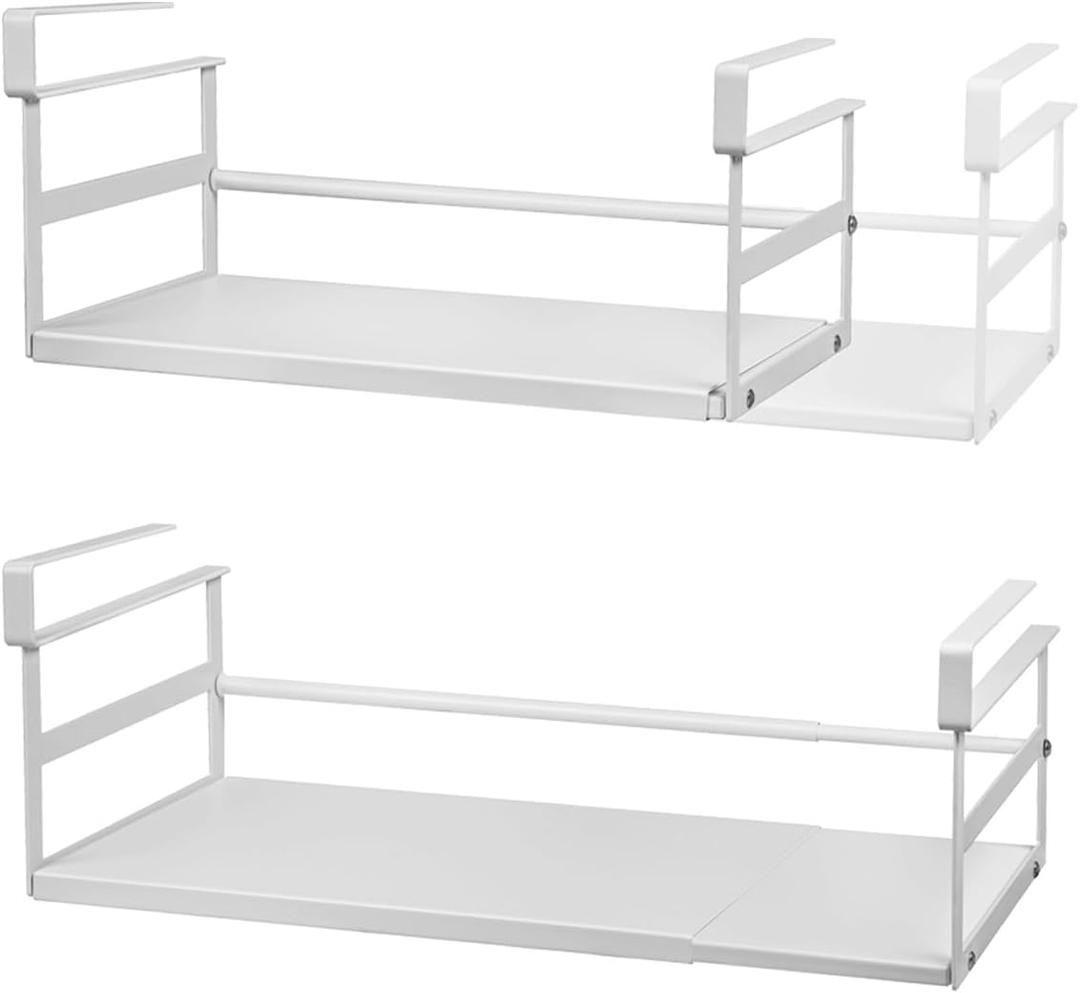 2Pack Under Shelf Storage Basket Organizer Expandable Width Add-On Space Saver Hanging Under Cabinet Pantry Kitchen Countertop Desktop Cupboard Board Slide-In White Heavy-Duty Metal Wider Size (13.19-23.03" W  8.66" D  6.30" H)