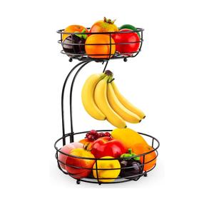 Auledio Iron 2-Tier Countertop Fruit Vegetables Basket Bowl Storage With Banana Hanger, Black, 64 ounces