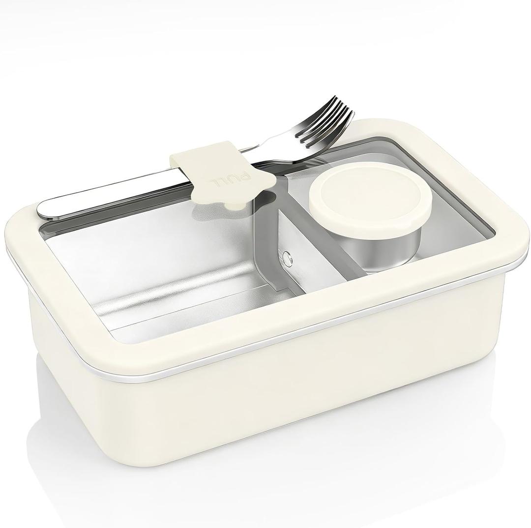 Stainless Steel Bento Box for Adult, 42oz Leak-Proof Metal Lunch Box Containers with Adjustable Divider, Microwave-Safe, Lunchbox with Glass Lid for Work Travel (1-3 Beige)