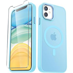 YENAPOON for iPhone 12 Case, iPhone 12 Pro Case, with 1 Screen Protector, Matte Magnetic Slim Phone Cover, Support for Magsafe, Shockproof Protection Translucent Frosted Back,Light Blue