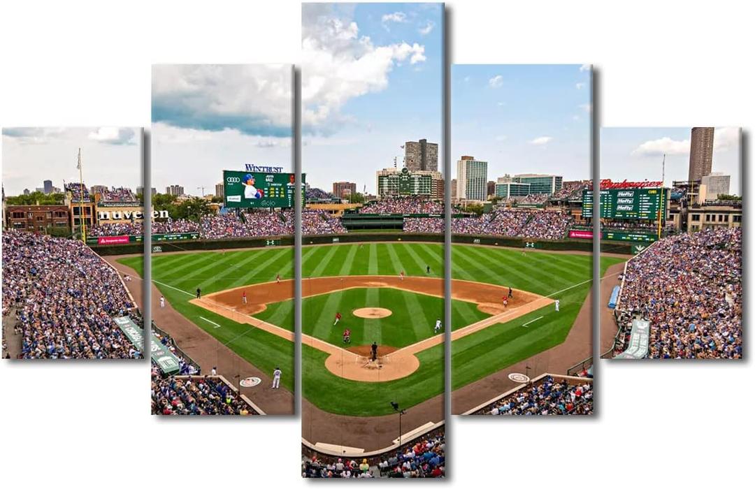 Sports Stadium Canvas Wall Art Wrigley Field in Chicago Paintings Chicago Cubs Prints on Canvas Modern Artwork Pictures for Living Room Bedroom Wall Decor Giclee Framed Ready to Hang, 60"Wx40"H