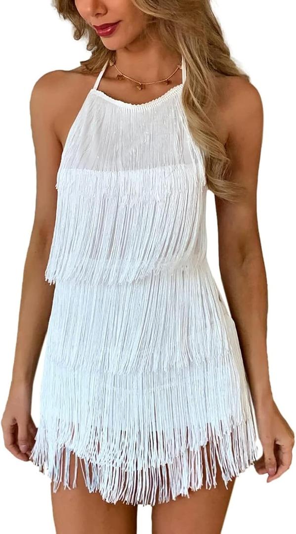 Ella Lust Sexy Backless Fringe Dress Jumpsuit - Western Country Concert Cowgirl Outfit for Women Nashville Tassel Romper (Large, White)