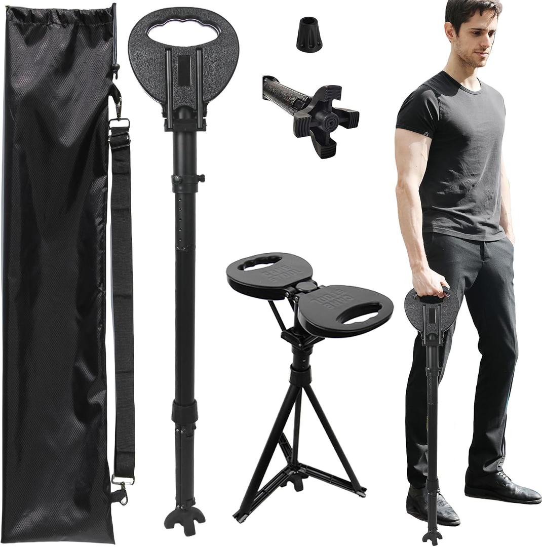 Folding Walking Cane with seat for Men & Women, 2-in-1 Adjustable Portable Cane Chair with Cushion for Seniors & Adults, Walking Stick with Seat with Carry Bag for Hiking Traveling