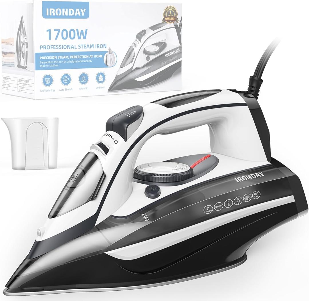 IRONDAY Steam Iron for Clothes 20s Fast Heat-up,1700W Iron with 14.07oz Large Water Tank,Non-Stick Ceramic Soleplate, Anti-Drip, Auto-Off, Burst Steam, Self-Cleaning, Ironing Clothes for Home, Grey