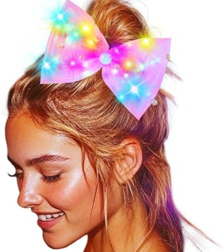 JONKY Light Up Bow Led Birthday Hair Clip Neon Hair Accessories for Women(C-Pink)
