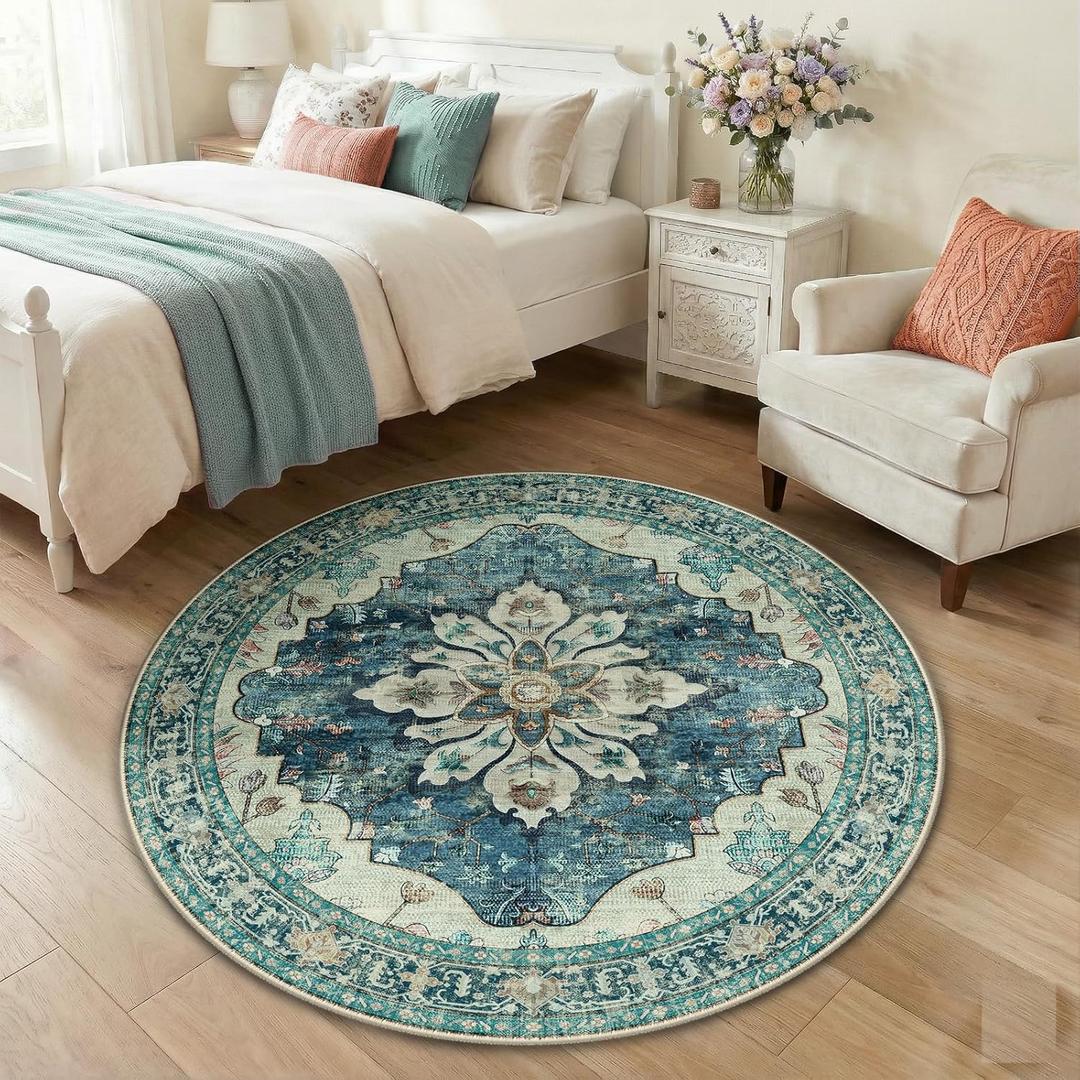RELEANY Washable Area Rug, Round 4ft, Blue/Vintage Dark Blue | Non-Slip, Water Repellent, Pet Friendly, Easy to Clean, Vintage Floral Boho Decor for Living Room Bedroom Dining Room Entry