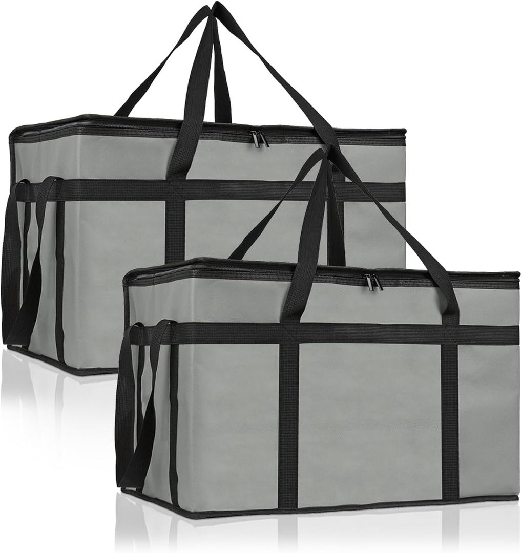 PEASUG 2PCS Insulated Bags for Food Delivery, XXXL Pizza Delivery Bags, Large Capacity Cooler Bag Keep Food Warm for Grocery Shopping and Catering, Foldable, Heavy-Duty (Grey)