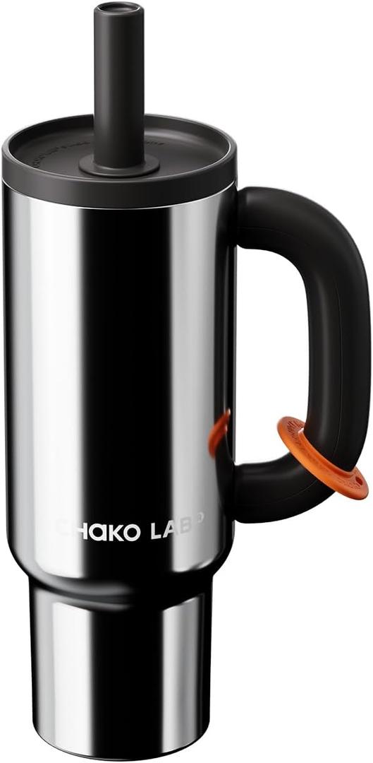 CHAKO LAB BaWang Insulated Stainless Steel Tumbler | Tumbler with Handle and Straw 33oz | Cup Holder Friendly for Travel | Leakproof Water Bottle | BPA-Free | 316 stainless steel liner| Silver