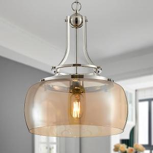 WUZUPS Gold Chandelier Rustic Farmhouse Industrial Round Ceiling Pendant LED Light Fixture with Gradient Glass Shade for Dining Room Kitchen Island Foyer Entryway, H 17" W 13.4", E26 Base
