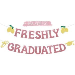 Pre-Strung Freshly Graduated Banner, 2026 Lemon Theme Graduation Sign, Rose Gold Glitter Garland for Farewell Party, Going Away Party Decorations, Graduation Wall Hanging Supplies