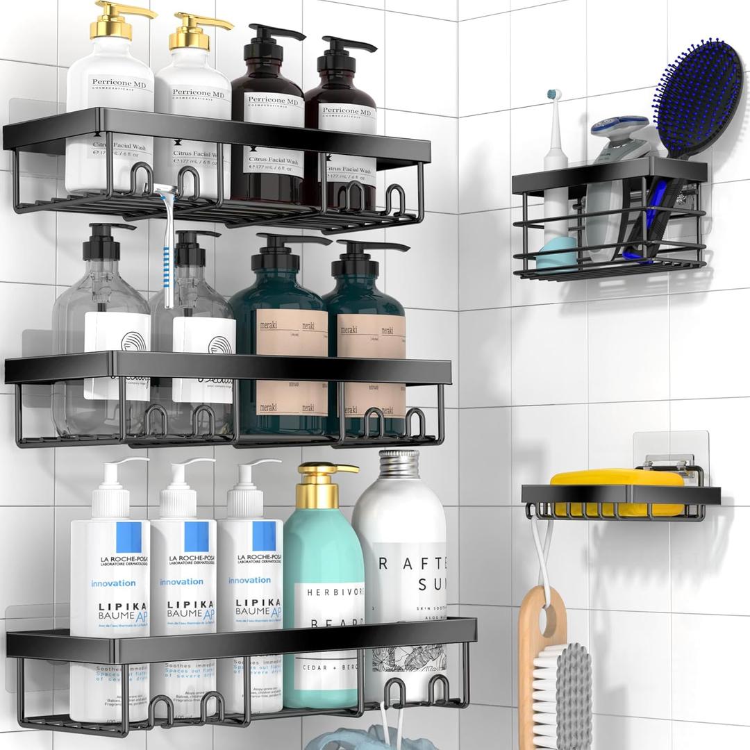 Moforoco Adhesive Shower Caddy Organizer Shelves Rack - 5 Pack Corner Bathroom Storage Organization, Home & Kitchen Decor Inside RV Accessories, Hanging First Apartment Household Camper Essentials (5pack, Black)