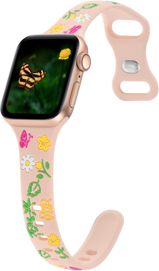 Slim Floral Engraved Band Compatible with Apple Watch Bands 41mm 40mm 38mm 42mm 44mm 45mm 46mm 49mm Women, Thin Wristband Flower Soft Silicone Sport Strap for iWatch Series 10 9 8 7 6 5 4 3 2 SE Ultra (Light pink)