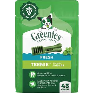 Greenies Dog Treats Veterinarian-Recommended Natural Dental Treats for Dogs, Teenie Size, Fresh Flavor, 12 oz. Pack, 43 Count