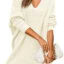 Saodimallsu Womens Oversized Sweater Dress Fall V Neck Ribbed Knit Long Sleeve Casual Loose Mini Pullover Dresses M