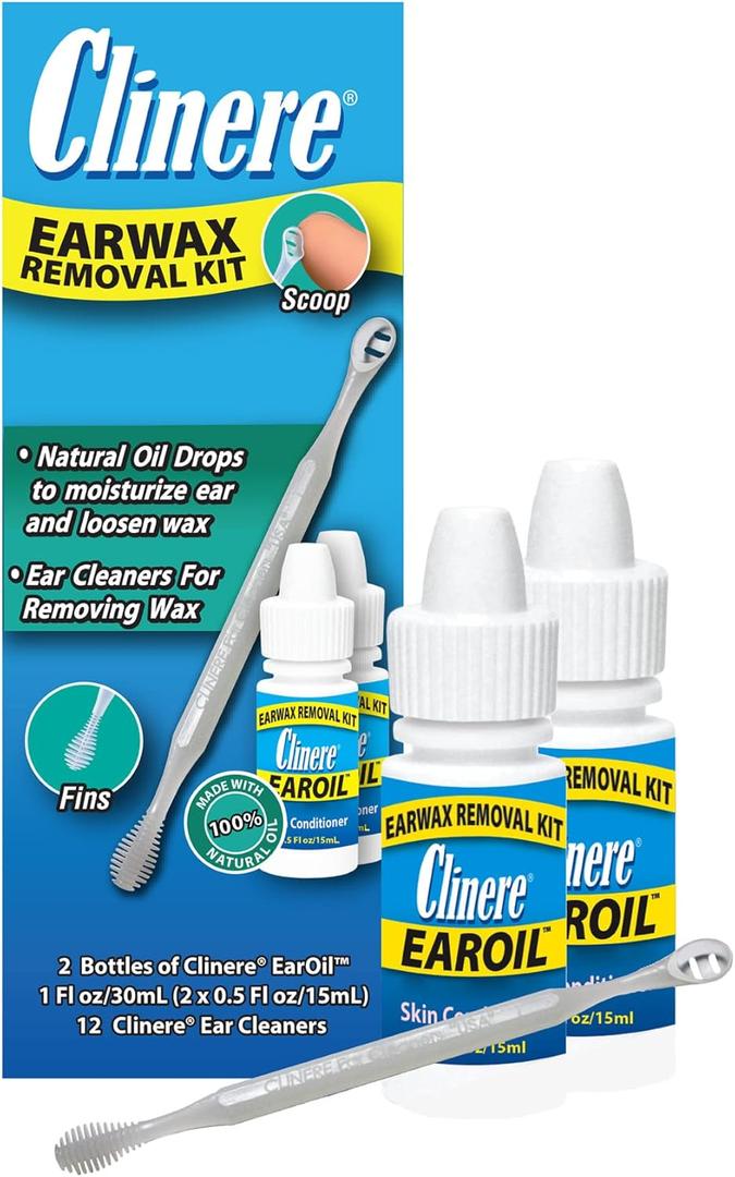 Clinere Ear Oil Conditioner & Ear Cleaners Cleaning Care Kit, 12 Count Sticks & 2 x .5 Fl Oz Ear Oil, Safely and Gently Cleans Ear Canal at Home, Ear Wax Cleaner Tool, Itch Relief, Ear Wax Buildup
