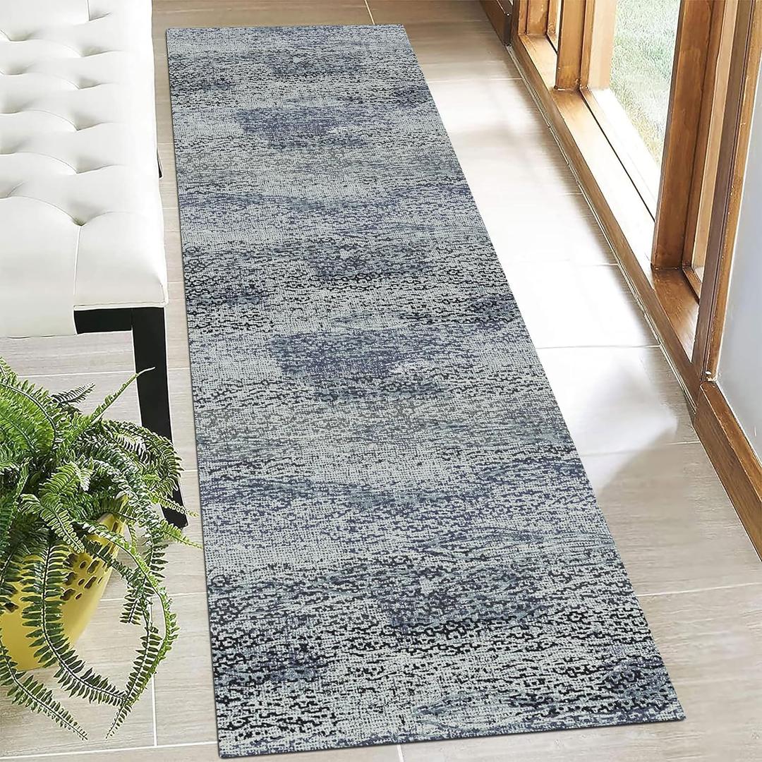 Washable Area Rug - 1/6 Thick - Stain & Water Resistant Non-Slip - Resistant Rug for Living Room, Bedroom, Nursery, Pet & Child Friendly, Vintage Charm Area Rugs (Grey+LightTeal, 2'6'' x 8')