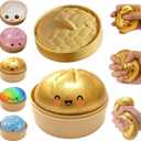 Glitter Dumpling Squishy, Dumpling Squishies, Mystery Box Squeeze Toy, Colorful Stress Balls Fidget Sensory Toy with Steamer,Suitable for Adult use in Offices and Homes (Gold)