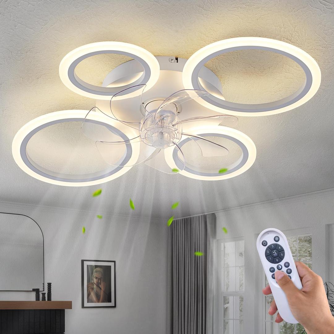 26" White Geometric Circular Ceiling Fan with Lights Remote Control, 3 Colors 6 Speeds Low Profile Ceiling Fan with Light for Kitchen Bedroom
