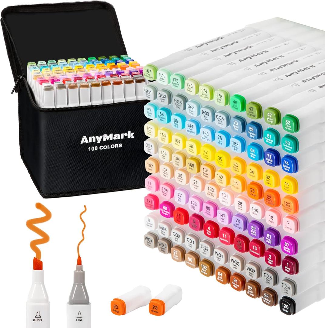 AnyMark Alcohol Markers, 100 Colors Dual Tip Art Coloring Markers Set for Kids Adult Book Drawing Sketching Painting, Chisel & Fine, White Penholder AnyMark Alcohol Markers, 100 Colors Dual Tip Art Coloring Markers Set for Kids Adult Book Drawing Sketching Painting, Chisel & Fine, White Penholder