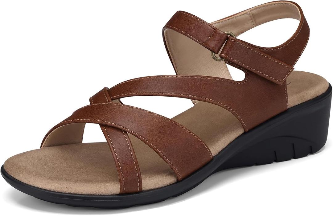 SHIBEVER Wedge Sandals for Women Dressy: Comfortable Summer Low Heel Sandals Casual Walking Dress Shoes Dark Brown Size 9