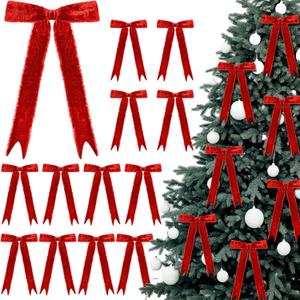 Riceshoot 12 Pcs Red Velvet Christmas Bows 11'' x 6.3'' Pre Tied Handmade Fringe Velvet Ribbon Vintage Raw Edge Bows for Christmas Tree Rustic Crafts Gift Door Garland Home Decor