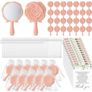 Wenqik 50 Sets Bridal Shower Favors Rose Compact Mirrors Bulk Wedding Favors for Guests Rose Compact Handheld Mirrors with Thank You Cards and Organza Bags Wedding Party Guests Souvenir Gifts (Pink)