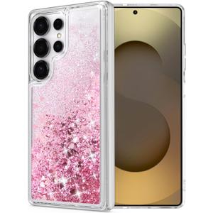 for Galaxy S25 Ultra Case, Double Layer Design Bling Flowing Liquid Floating Sparkle Colorful Glitter Waterfall TPU Protective Phone Case, Pink