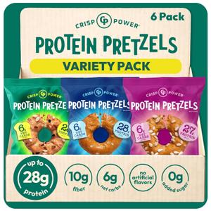 CRISP POWER Protein Pretzels, Variety Pack With Sea Salt, Sesame, & Everything, Up To 28G Protein, High Protein Snack, High Fiber, Low Carb Crunchy Pretzel Snacks, No Added Sugar, 1.75 oz Bags, 6 Pack, Vegan, Keto