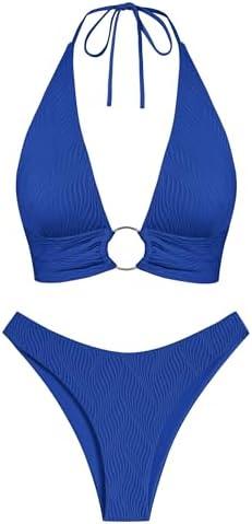 ZAFUL O Ring Halter Bikini Sets for Women High Cut Swimsuits Trendy 2 Piece Bathing Suits, Large, Blue 