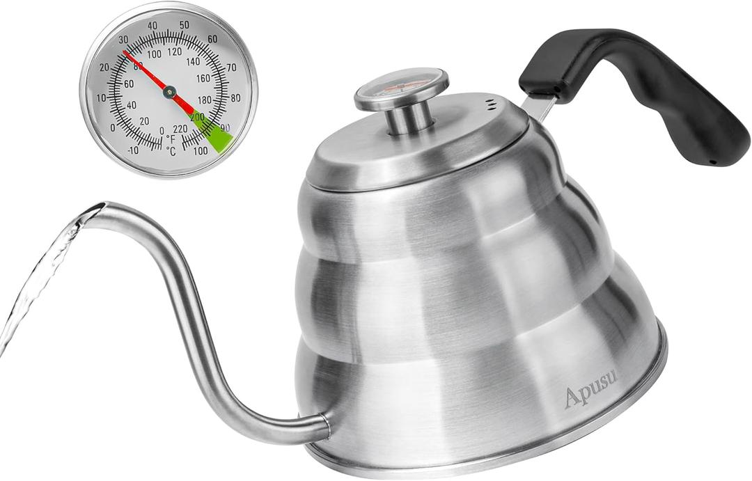 Pour Over Kettle for Manual Drip Coffee and Tea with Thermometer 28oz Gooseneck Kettle with Flow Control Stainless Steel Water Kettle for Stovetop,800ml,4 Cup,Silver,1Pack (0.9 Quarts)