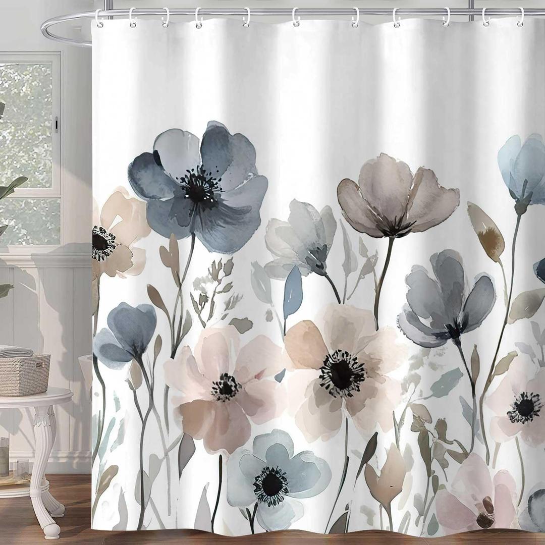 Boho Floral Shower Curtain, Watercolor Beige Blue Grey White Flower Fabric Shower Curtains Set, Cute Farmhouse Flower Decoration with Hooks 72 X 72 inch