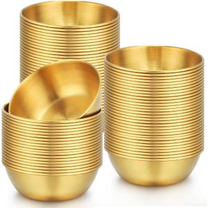 Tanlade 50 Pcs Metal Sauce Bowls Round Stainless Steel Seasoning Dishes Mini Saucers Dishes Plates Small Sushi Dipping Bowls Prep Appetizer Plates for Kitchen, 3.2 Inch (Gold)
