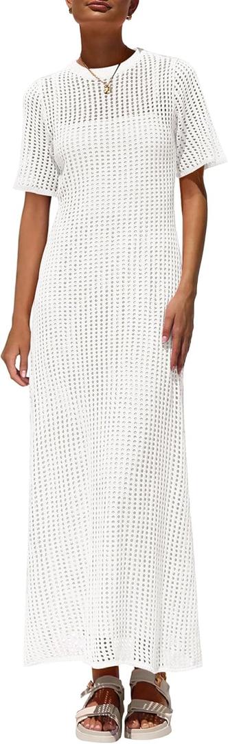 PRETTYGARDEN Womens Eyelet Cover Up Dress 2026 Summer Vacation Resort Maxi Dresses Beach Short Sleeve Hollow Out Sundress (Medium, White)
