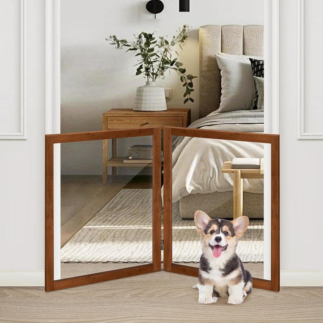 LZRS Clear Dog Gate for Indoor Use - Transparent Pet Fence with Solid Hardwood and Plastic Board, Stylish & Durable freestanding Pet Gate for Doorways, Stairs and Hallways-2 Panel Cherry