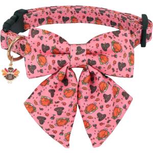PTDECOR Thanksgiving Dog Collar with Bowtie Adjustable Pink Turkey Collars Thanksgiving Collars for Small Dogs Pets (Small) (Neck 10"-14", Width 0.6")