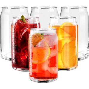GLING [6 Pack - 16 oz.] Glass Can Shaped Cups Beer & Coffee Tumbler Glasses, Cordial Glasses, Cocktail Glasses