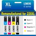 LEMERO Remanufactured for 220XL Replacement for Epson 220 220XL Ink Cartridges for Workforce WF-2750 WF-2760 WF-2630 WF-2650 XP-420 XP-320 WF-2660 XP-424 Printer (Black Cyan Magenta Yellow, 4 Pack)