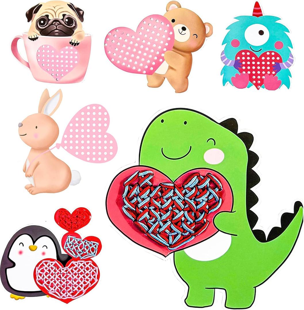 Valentines Day Gifts for Kids-24 Sets Valentines Day Crafts for Kids Lacing Cards,Sewing Pattern Cards in 6 Love Animals with 72 Colorful Laces,Exchange Valentine's Day Cards for Kids