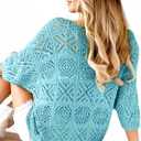 Beautiful Nomad Women's Summer Crochet Pullover Sweater Hollow Out 3/4 Sleeve Off Shoulder Boho Cover Up Tops Light Blue (Blue, L)