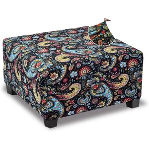 Ottoman Cover Square Slipcovers Printed,Stretch Footrest Stool Cover for Ottoman Square,Soft Foot Stool Cover Protector with Nonslip Elastic Bottom (Medium,Flower F)