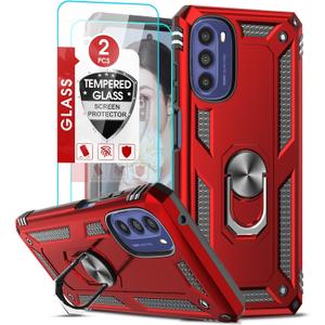 LeYi Moto G 5G 2022 Phone Case, Bumper with Magnetic Kickstand, Red, Military-Grade Protection, Includes 2 Tempered Glass Screen Protectors