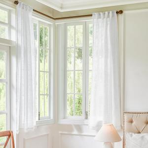 DUALIFE 45 Inch Length White Sheer Linen Curtains for Kitchen Bedroom Bathroom Window, 34 Inch Width Pocket Back Tab Semi Privacy Short Drapes for Laundry Basement Farmhouse Decor 34x45 Inch Length